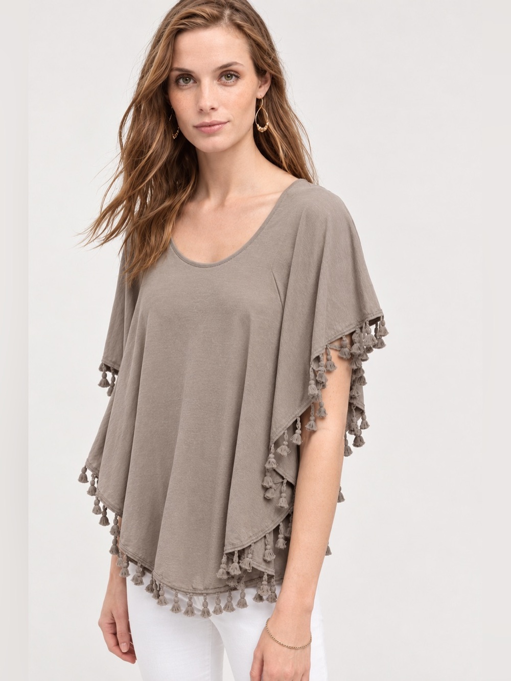 Chico's 1 Taupe Tassel-Trim Scoop Neck Tunic Pom Pom Convertible - Size M